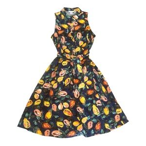 NWOT London Times Navy Citrus Lemon Print Linen Blend Fit & Flare Midi Dress 10